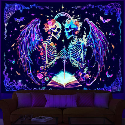 Heopapin Blacklight Trippy Skull Tapestry UV Reactive Gothic Skeleton Wall Hanging Tapestries Fantasy Neon Wing Glow in the Dark Party Poster Magical Galaxy Space Tapestry for Bedroom