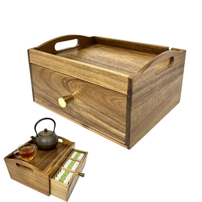 QYLZ Acacia Wood Tea Bag Organizer, Wooden Storage Box with Drawer, Tea Caddy for Teabags, Teabag Holder Container Boxes for Countertop, Tea Bar Station Chest Display, Tea Accessories Gift