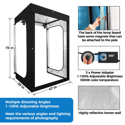 Photo Light Box, Portable 47"x39"x78" Photo Studio Light Box, Shooting Tent Kit with 768 Light Beads and 3 Color Backdrops. Large Lightbox with 6 Stepless Dimming Light Boards for Photography