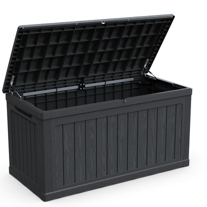 230 Gal Weatherproof Deck Box Large Outdoor Storage Organizer, Double Wall Resin Storage Chest for Patio Furniture, Cushions & Tools, Waterproof, Lockable, Bench Style Table (440lbs Capacity, Black)