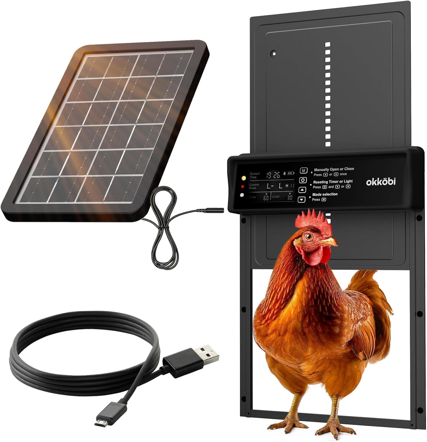 Anti-Pinch 5-Year Okkobi Automatic Chicken Coop Door Solar Powered - LCD Display - Chicken Coop Door with Light Sensor