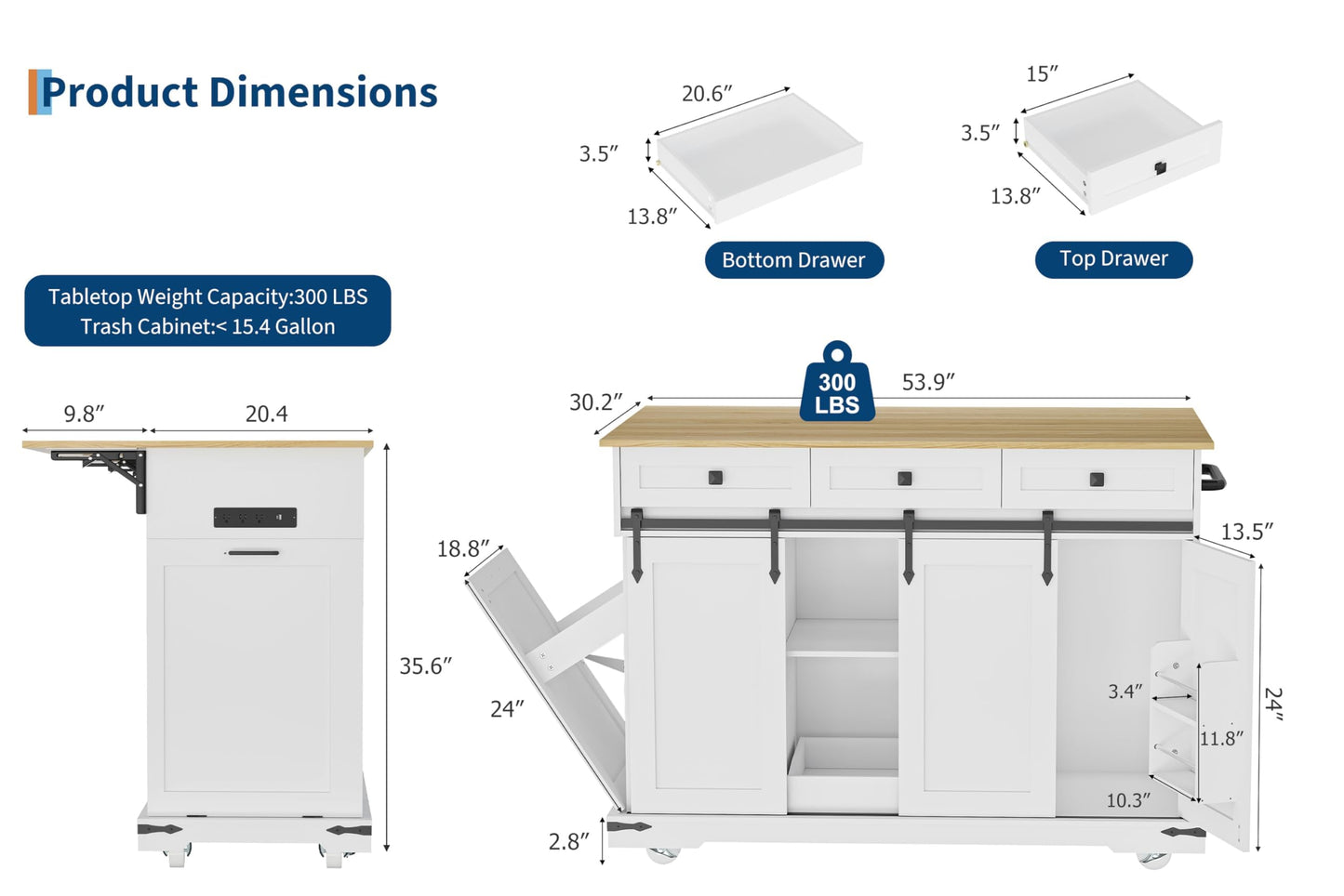 Large Rolling Kitchen Island with Power Outlet, Mobile Kitchen Cart on Wheels with Drop Leaf, 3 Drawers, Trash Can Storage, Spice Rack, Towel Holder, Kitchen Island Table for Dining Room, Home, White