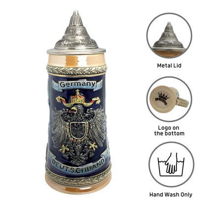 Essence of Europe Gifts 1 L Deutschland German Beer Stein with Lid – German Adler (Eagle) Tankard Hand Painted Engraved Cities Beer Stein Mug - Stein Mug By E.H.G