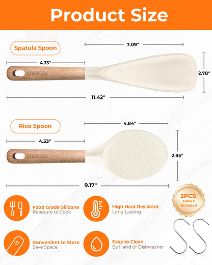 FINENUT Cooking Spoon Multifunction Spoonula Silicone Spatula Spoon 2-Pack, Dual-Use Heat Resistant 446°F, BPA-Free Non-Toxic Wooden Handle Rice Spoon Set for Non-Stick Cookware & Rice Cookers (Khaki)