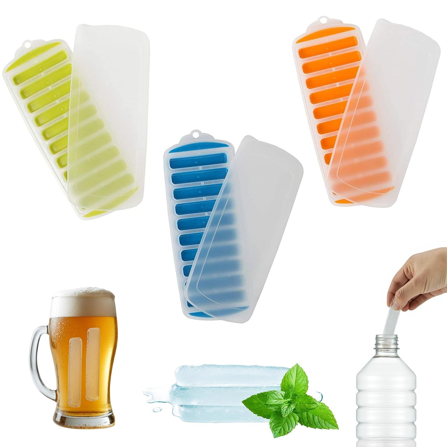 Water Bottle Silicone Ice Cube Tray by Lily's Home - 3-Piece Quick-Freeze Ice Trays with 10 Ice Cube Slots – Silicone Ice Cube Tray Set Makes 30 Ice Cubes, With Lids