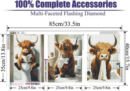 3 Pack Cute Cow Bathroom Diamond Art Kits - DIY 5D Farm Animal Diamond Painting Kits for Beginners, DIY Full Drill Diamonds Painting Kits Pictures with Diamond Gem Art Home Wall Decor 12'' x16''
