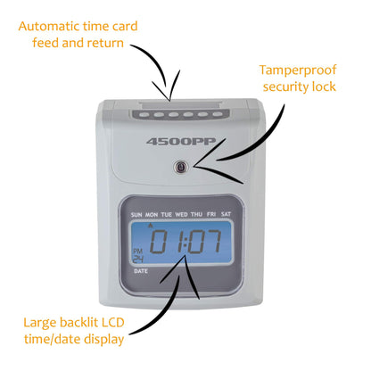 Nile Products - 4500PP Electronic Calculating Time Clock, Employees in/Out Time Tracker, Small Business Punch Pack Bundle Includes: 25 Time Cards,1 Ink Ribbon and 2 Security Keys