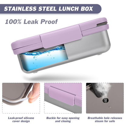Reeple Stainless Steel Lunch Box, Leak-Proof Metal Bento Box with Adjustable Divider, Lunch Container for School Office Picnics & Travel, Microwave-Safe, Purple