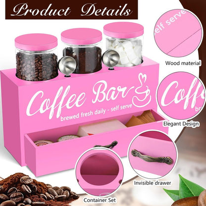 Skybooly 3 Pcs Coffee Bar Containers Set Include Coffee Sugar Container with Lid and Spoon and Double Layer Storage Box with Drawer for Bar Kitchen Countertop (Pink)