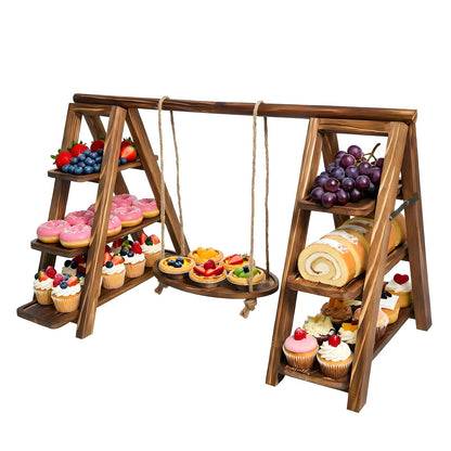 3 Tier Cupcake Stand with Swing, Wooden Cupcake Stand, Swing Cupcake Stand with Removable Serving Platter and Foldable Ladder for Birthday Anniversary Party Decoration