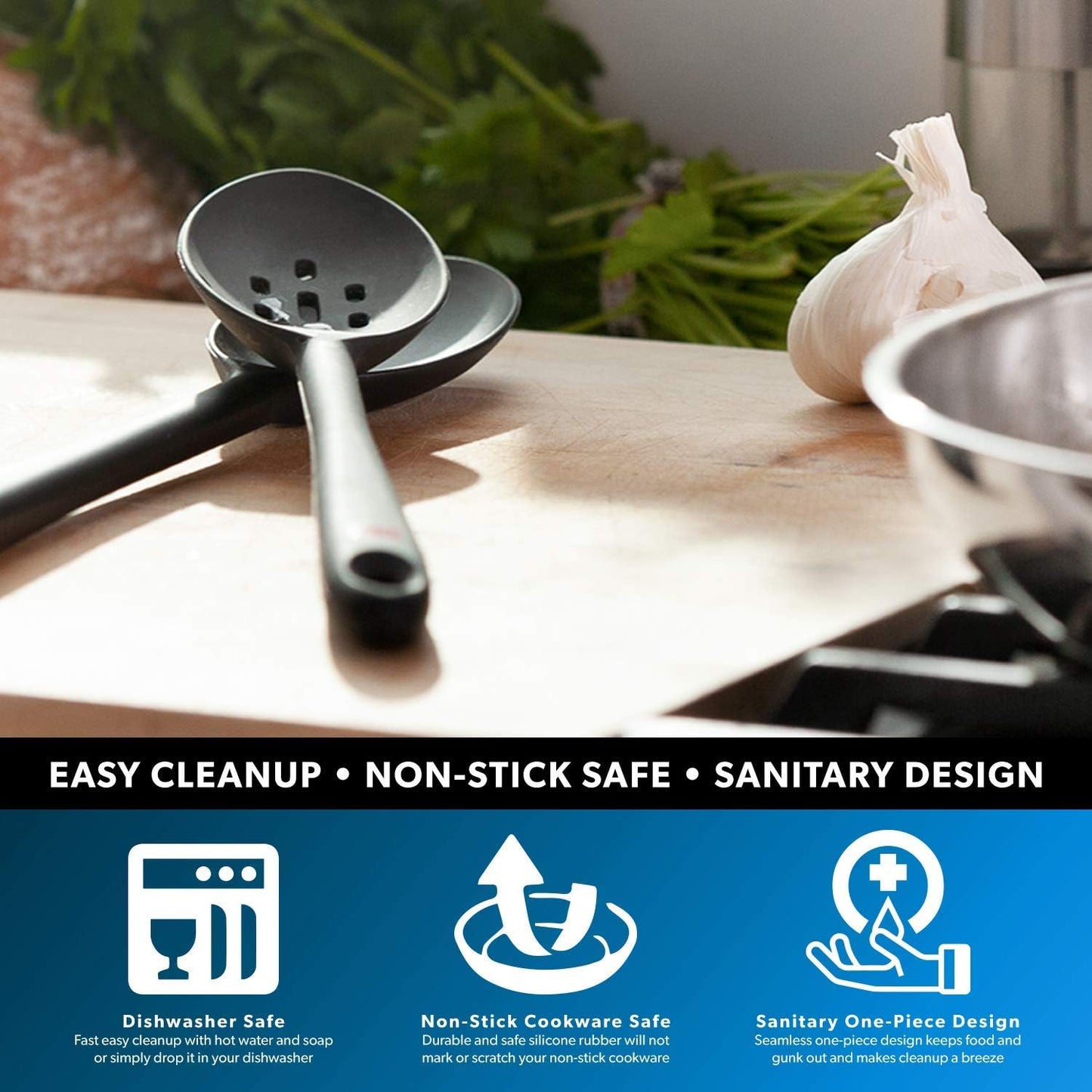 DI ORO Cooking Spoon, Solid Silicone, High Heat Nonstick Kitchen Spoon for Cooking & Baking, Dishwasher Safe