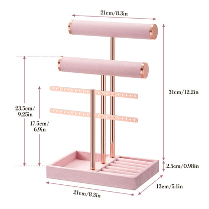 bussdis 3 Tier Bracelet Holder Display - Detachable T Bar Pink Velvet Bracelet Holder, Jewelry Holder Organizer for Bracelet, Necklace, Earrings, Rings
