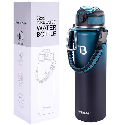 TOPBADE 32oz Water Bottle Stainless Steel with Straw, Insulated Water Bottle with Paracord Handle & Spout Lids, Double Wall Sweat-Proof BPA-Free Metal Insulated Flask BLUE BLACK