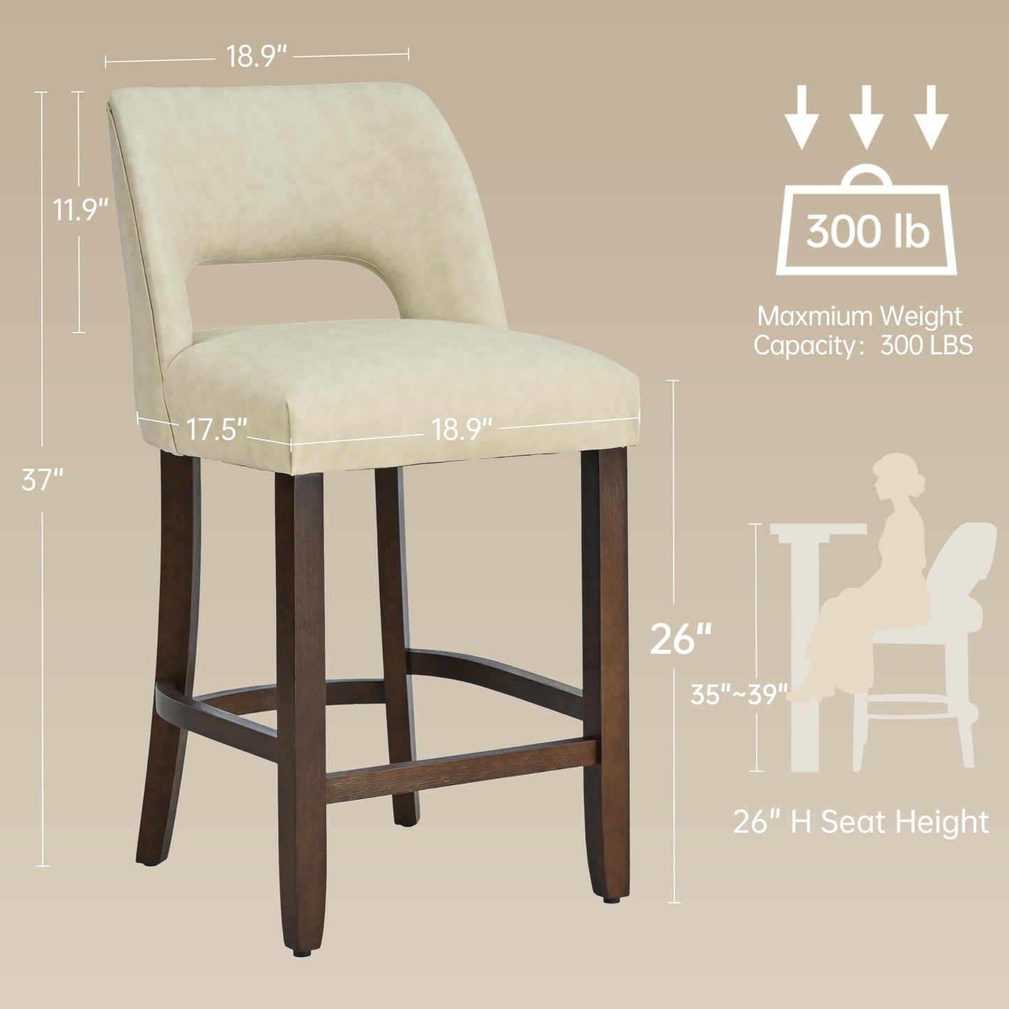 VKNOW 26" Bar Stools Set of 4, Faux Leather Counter Height Bar Stools with Backrest and Rubberwood Legs, Upholstered Barstools for Kitchen Island, Bar and Dining Room, Beige
