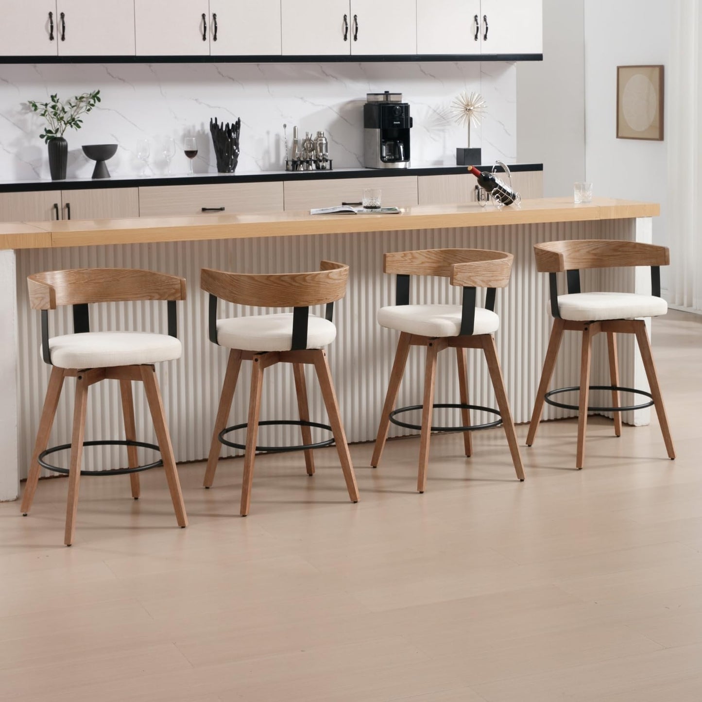 DUOMAY Swivel Bar Stools Set of 2, 26" Counter Height Bar Stool with Footrest Modern Wood Barstools with Linen Upholstered Seat Counter Stools for Kitchen Island Home Bar, White