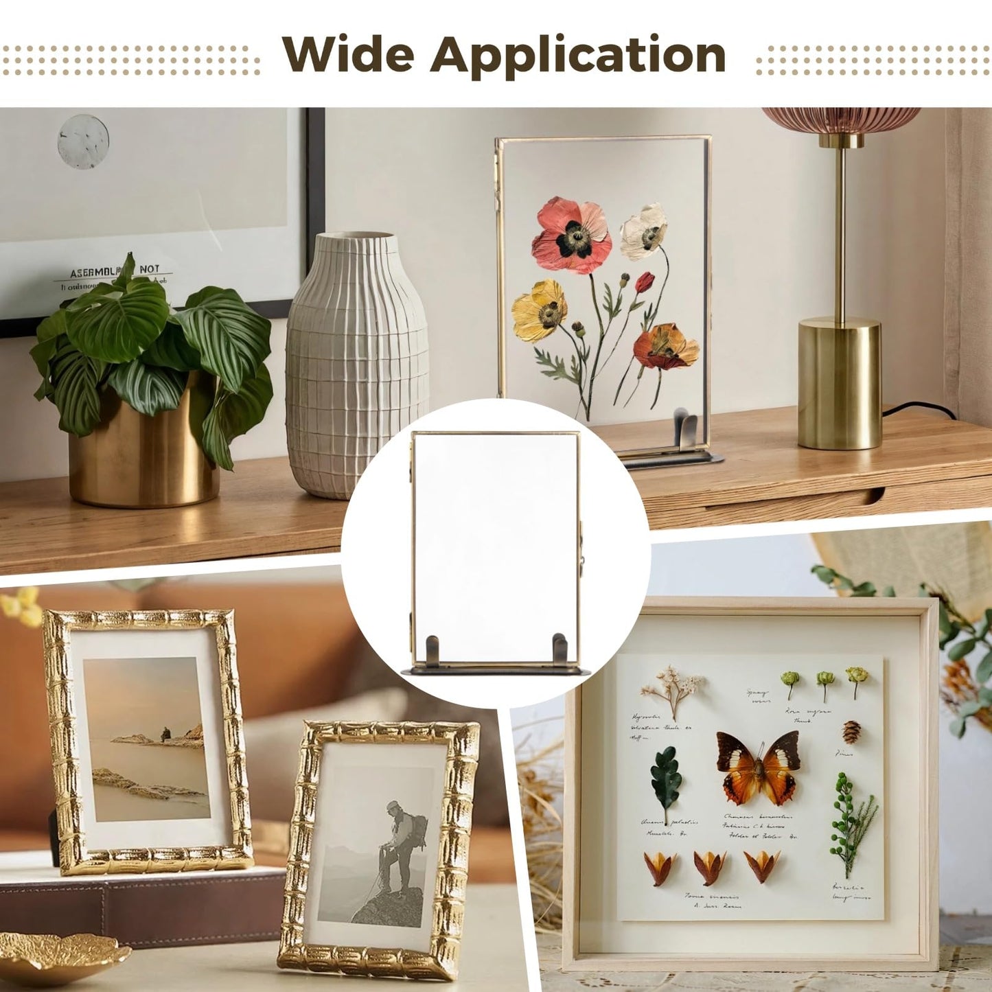 Vintage Floating Glass Frame, Tabletop Floating Picture Frame for Dry Flowers, Double Glass Pressed Flower Display Frame with Metal Base, Shelf Photo Frames for Home Office