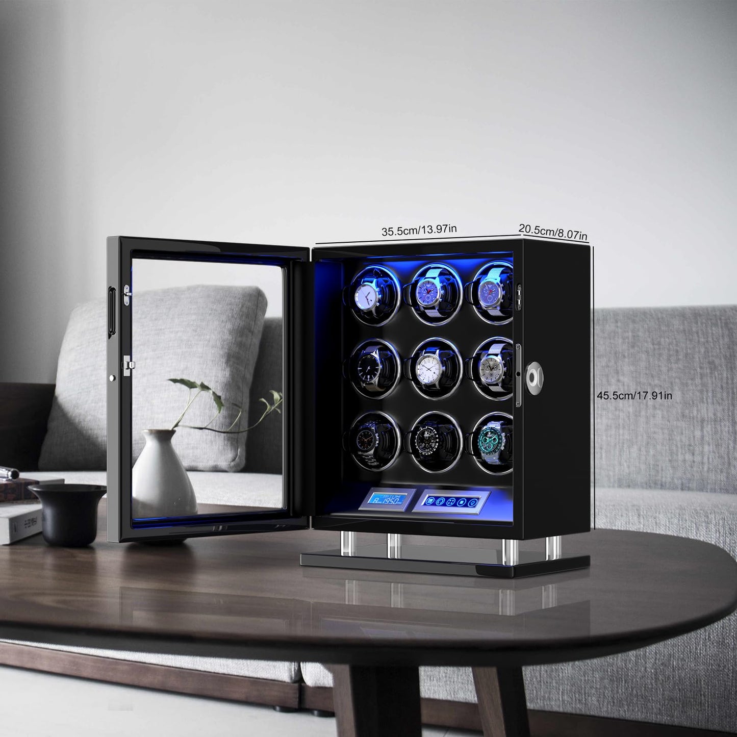 DUKWIN Watch Winder for 9 Automatic Watches, Fingerprint Lock Watch Winders with LCD Touchscreen, Blue LED Light, Remote Control,Adjustable Pillow and Quiet Motor for Universal Watches, 5TPD