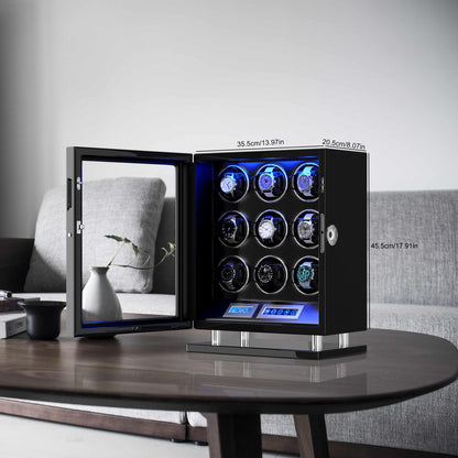 DUKWIN Watch Winder for 9 Automatic Watches, Fingerprint Lock Watch Winders with LCD Touchscreen, Blue LED Light, Remote Control,Adjustable Pillow and Quiet Motor for Universal Watches, 5TPD