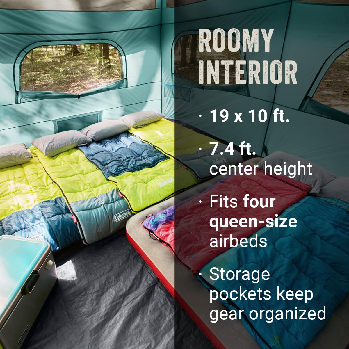 Coleman Skylodge 12-Person Tent with Rainfly & Screened Porch, Weatherproof Family Tent Fits 4 Queen-Sized Airbeds, Color-Coded Poles & Sleeves