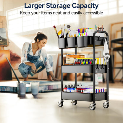YASONIC 3 Tier Rolling Cart - Metal Utility Cart with Wheels, Hanging Cups, Hooks, Heavy Duty Mesh Rolling Storage Cart Organizer, Craft Cart for Kitchen Office, Lightweight and Sturdy