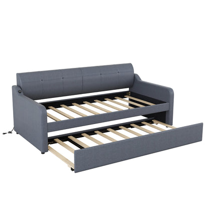 GDFStudio Twin Size Upholstered Daybed with Trundle and USB Charging Port, Pop-Up Trundle Flat or Elevated, Woven Fabric Day Bed Frame with Backrest and Armrests, Gray