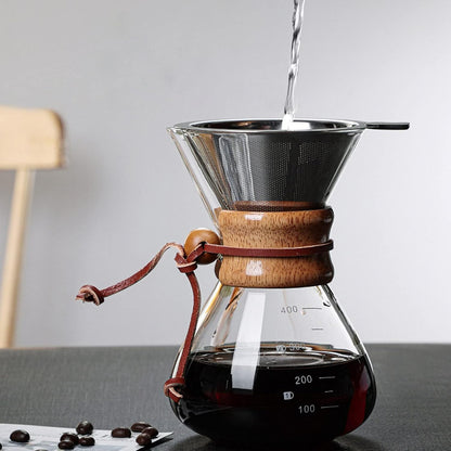Pour Over Coffee Maker, 400ml Double Filter Wooden Sleeve Brewer for Home Cafe Parties