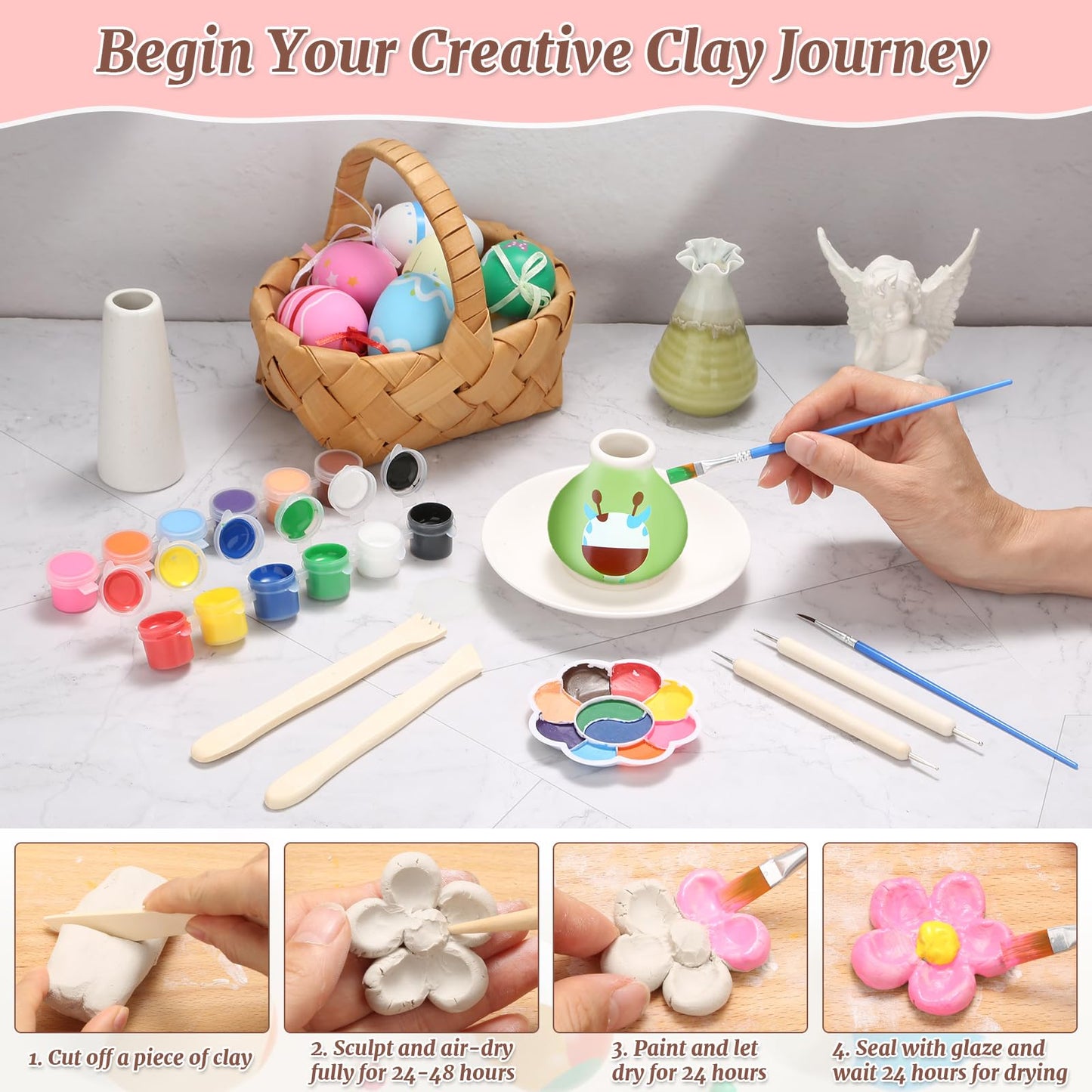 Natural Air-Dry Clay, 8 LBs Pottery Clay with 100ML Glaze Gloss Clay Varnish Protects and 27 PCS Pottery Tools Sculpting Tool Set, Air-Dry Clay Kit for Adults Beginner DIY Craft Gift