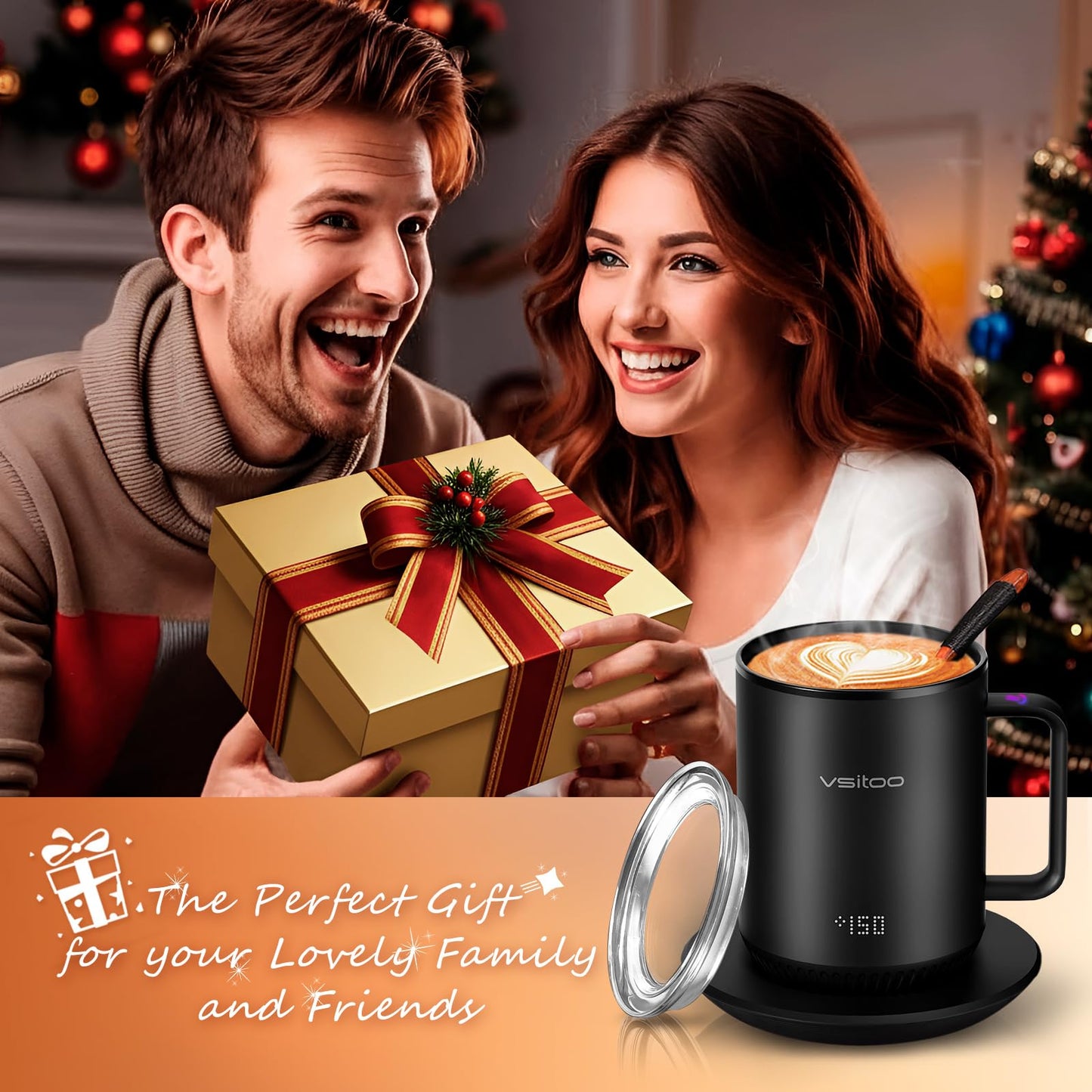 Vsitoo S3 12oz Heated Mug - Temperature Control Smart Mug with Mug Warmer, Perfect for Espresso, Auto-Sensing AI Heats Drinks to 120-150°F Hands-Free.Ideal for Home/Office/Gifts，Black