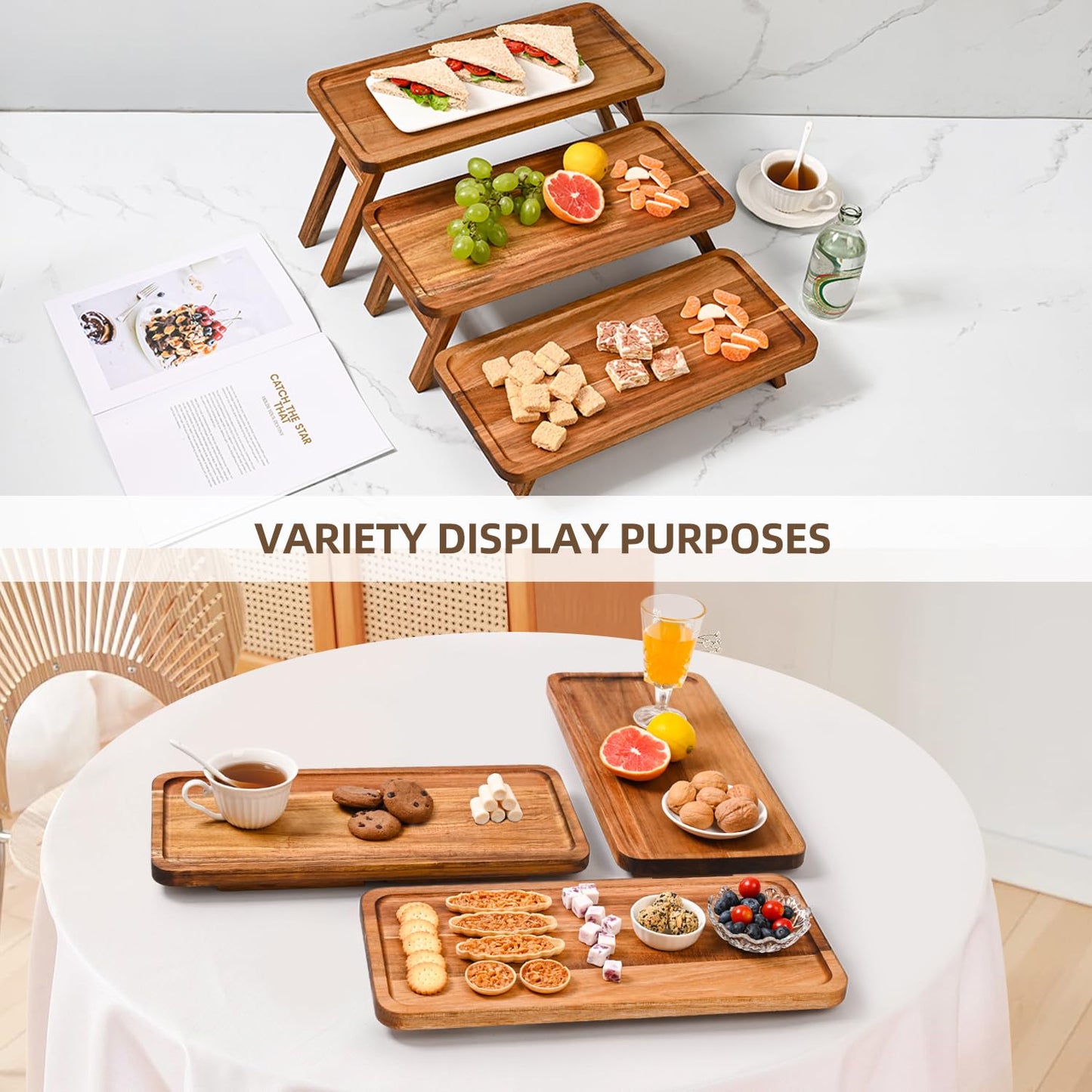 GEHE 3 Tier Serving Tray Acacia Wooden Tiered Tray Stand Foldable Dessert Table Display Set Decor Charcuterie Boards for Party, Birthday, Wedding, Christmas