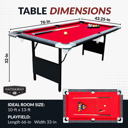 Hathaway Fairmont 6 Foot Folding Pool Table – Includes Full Set of Billiard Balls, Cues, Chalk, Triangle, and Carrying Bag – Portable Billiard Table with Red Felt, Black Finish
