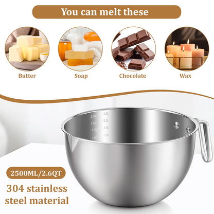 4-Piece Double Boiler, Chocolate Melting Pot Set Include 2500ml/2.3QT Mixing Bowl and 4000ml/3.63qt Stainless Steel Pot, Silicone Spatula, Stainless Steel Stirring Spoon, Induction Safe