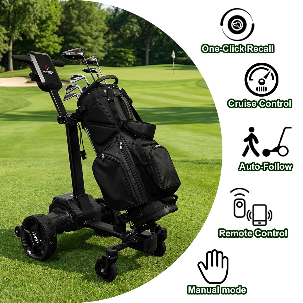 Icango caddy G5 Electric Golf cart,Electric Golf Push Cart Auto Follow You, 45 Holes Battery,Remote/APP/Manual Control,Anti-Tipping,Electric Golf Push cart with Remote,Umbrella,& Phone Holder