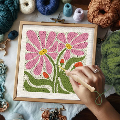 BEUNITONE Flower Beginners Punch Needle kit Handcraft Embroidery Starter Kits for Adults Punch Stitching Kit with Instruction, Threader, Needle and Square Punch Needle Frame for Wall Decor 9.4''x9.4''