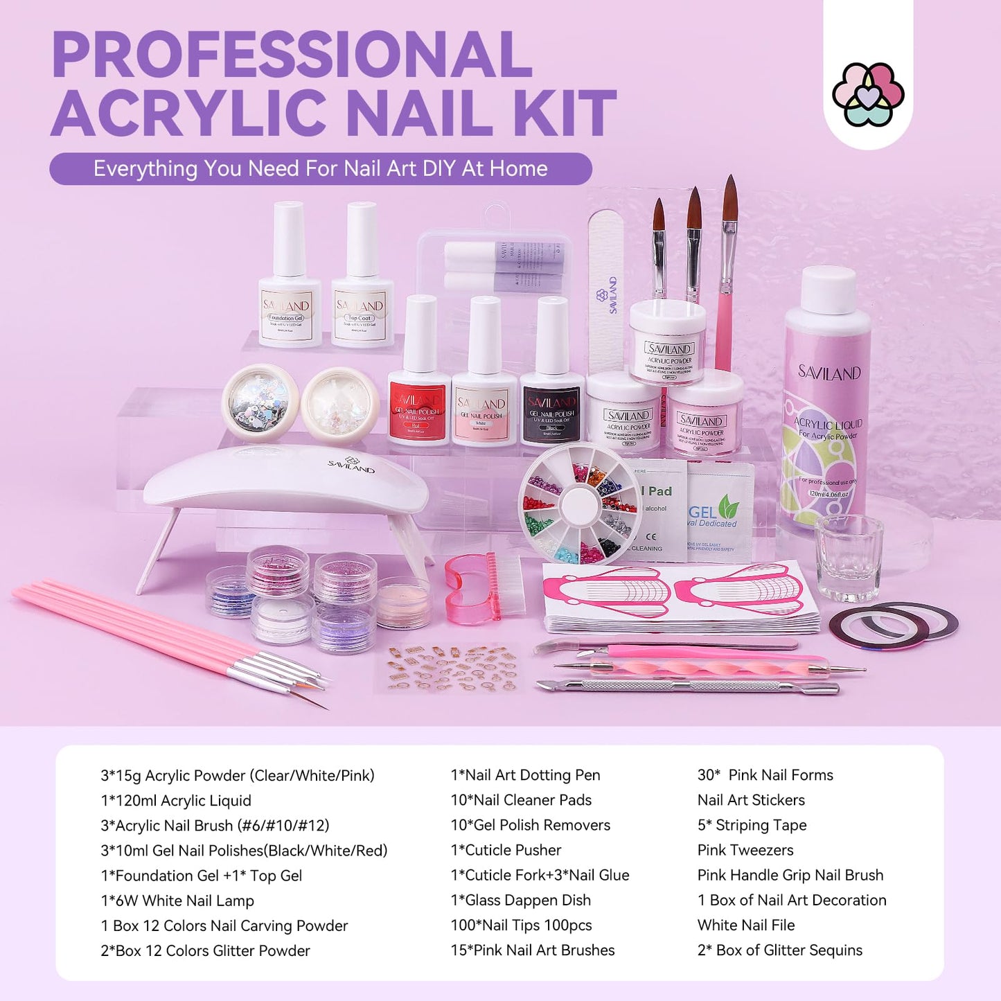 SAVILAND Essentials Acrylic Nail Kit Starter: Acrylic Nail Kit for Beginners with Everything White Pink Clear Acrylic Powder and Liquid Set #8/10/14 Nail Brush Forms Manicure Tools Home Nail Salon DIY