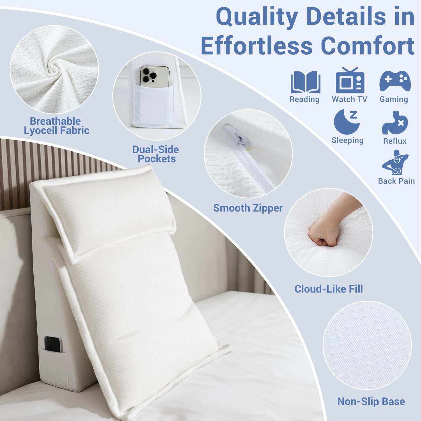Queen Bed Wedge Pillow for Headboard Gap, Ergonomic Waves Bed Mattress Gap Filler(0-7") with High-Density Foam, Non-slip Bottom, Bed Gap Filler with Large Pockets & Washable Cover, Grey(60"x10"x6")