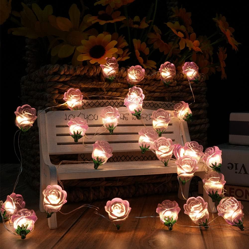 13FT 40LED Pink Rose Flower String Lights, Battery Operated Fairy Light Romantic Valentine's Day Decor, Decorative