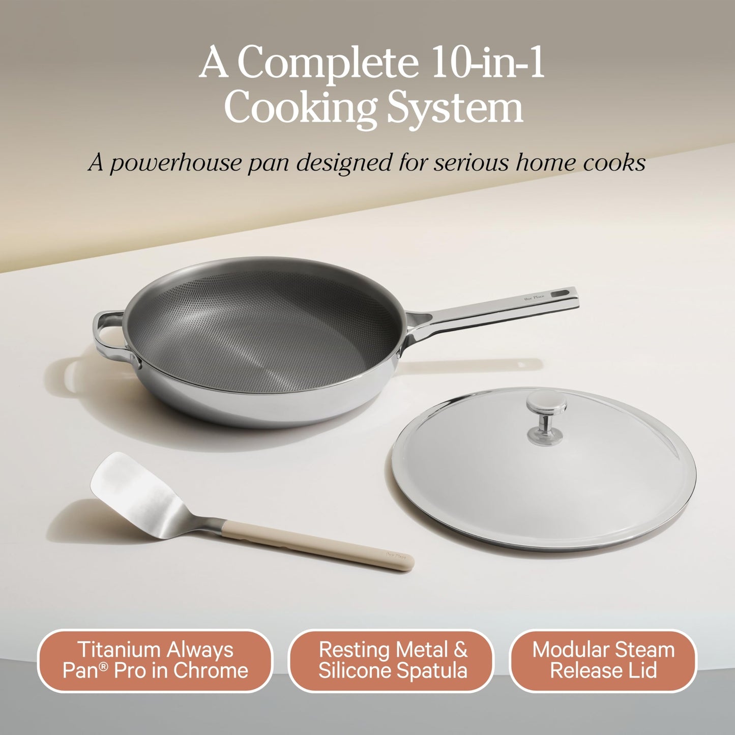 Our Place Titanium Always Pan Pro | 10.6" PFAS-Free Nonstick Frying Pan with Spatula | Chef-Grade Tri-Ply Stainless Steel & Aluminum Build | Induction & Oven-Safe up to 1000°F | Chrome
