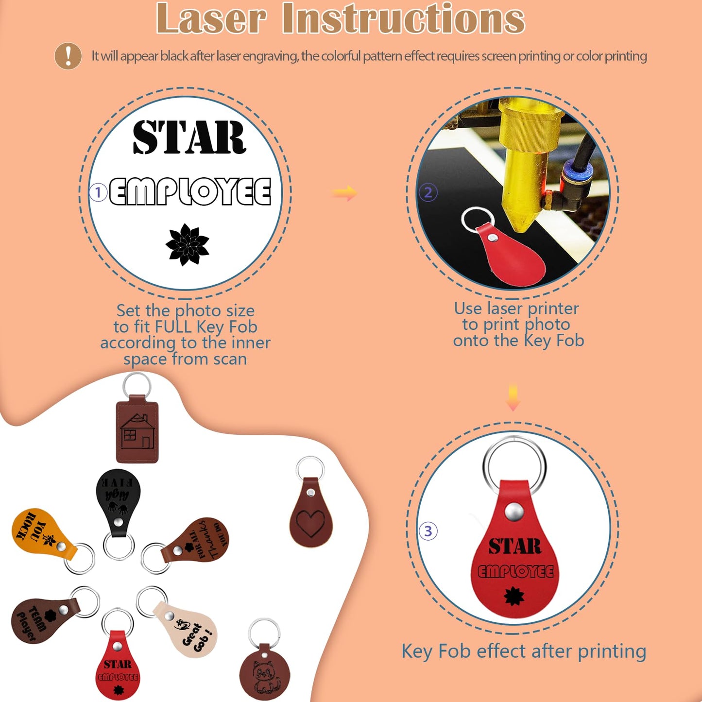 iFForce 60 Pcs Lasable Engravable Blanks - Leatherette Iron on Hat Patches & PU Leather Key Fob Kit for DIY Custom Laser Engraving Craft Gifts