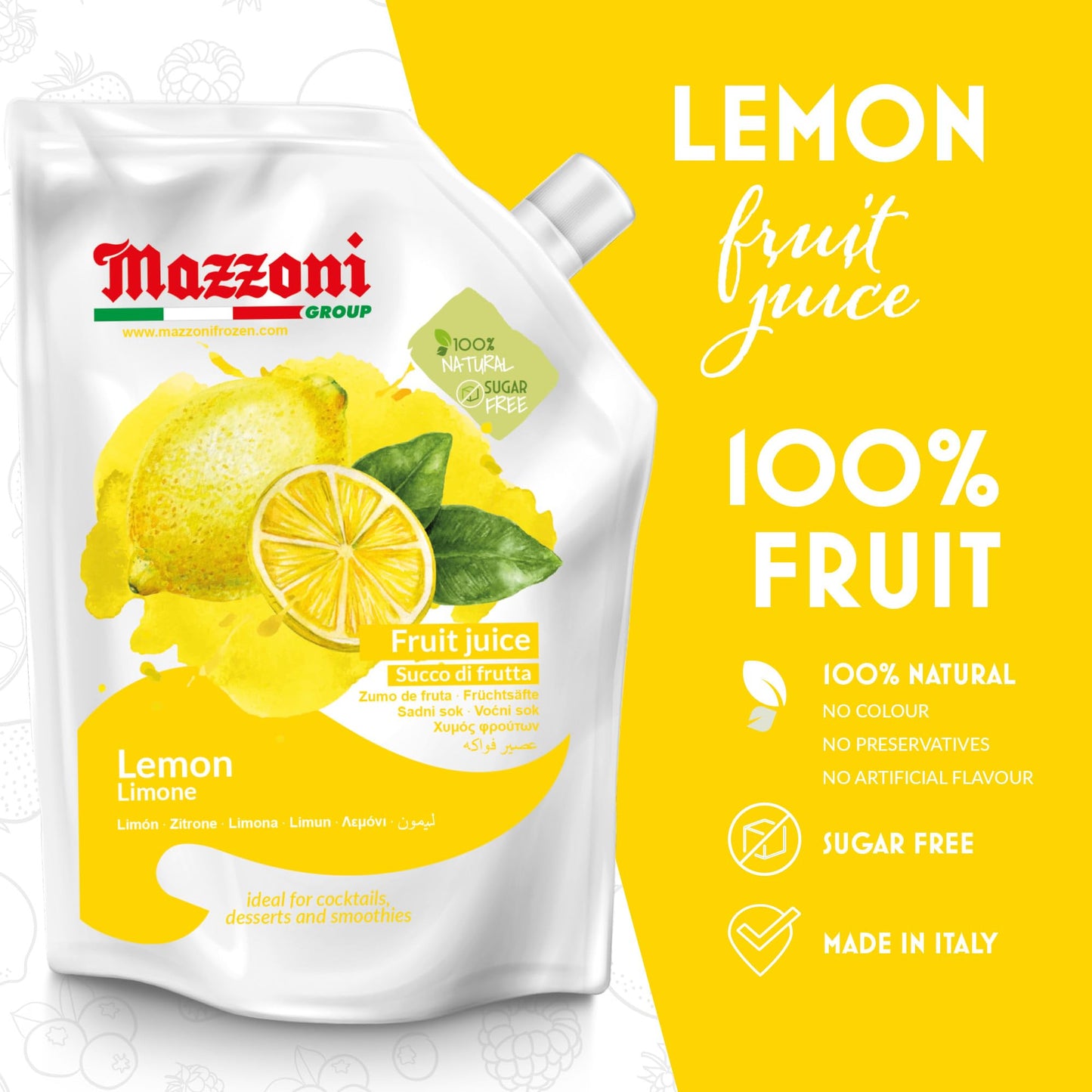 Mazzoni - Lemon Juice, 100% Pure Lemon, Just Juice, No Sugar Added, Not from Concentrate, No Added Ingredients, Mixer for Cocktails, Drinks, Smoothies – 2.2 lb Convenient Pouch, Made in Italy