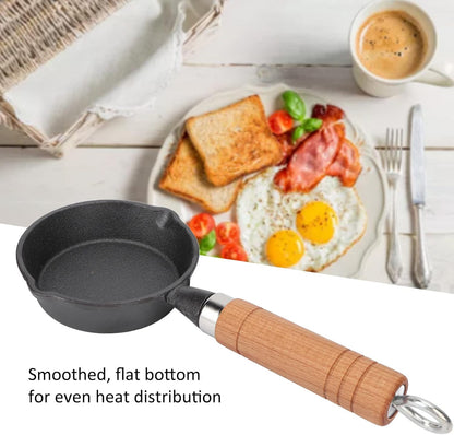 Mini Egg Frying Pan, 3.9in Single Serve Cast Iron Omelet Pan with Wooden Handle for Gas, Electric, Induction