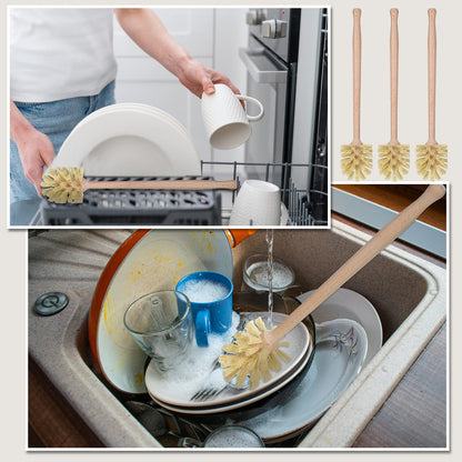 Gejoy 6 Pcs Natural Wood Dish Scrub Brush with Long Beechwood Handle Bristles for Cleaning Bottles, Mugs, Jars, Glasses, Dishes, Vases, Pitchers, 13.6 x 2.6 Inches