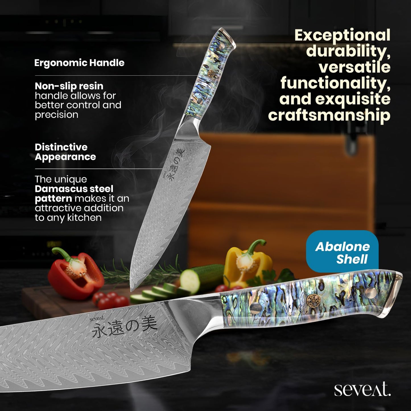 Seveat Damascus Kitchen Knife Set | 67-Layer Damascus Steel | Professional Chef Knives Set | Ergonomic Blue Shell Handle | Acacia Wood Magnetic Holder Included (Blue-3, 5-Piece Set)