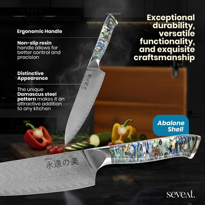 Seveat Damascus Kitchen Knife Set | 67-Layer Damascus Steel | Professional Chef Knives Set | Ergonomic Blue Shell Handle | Acacia Wood Magnetic Holder Included (Blue-3, 5-Piece Set)