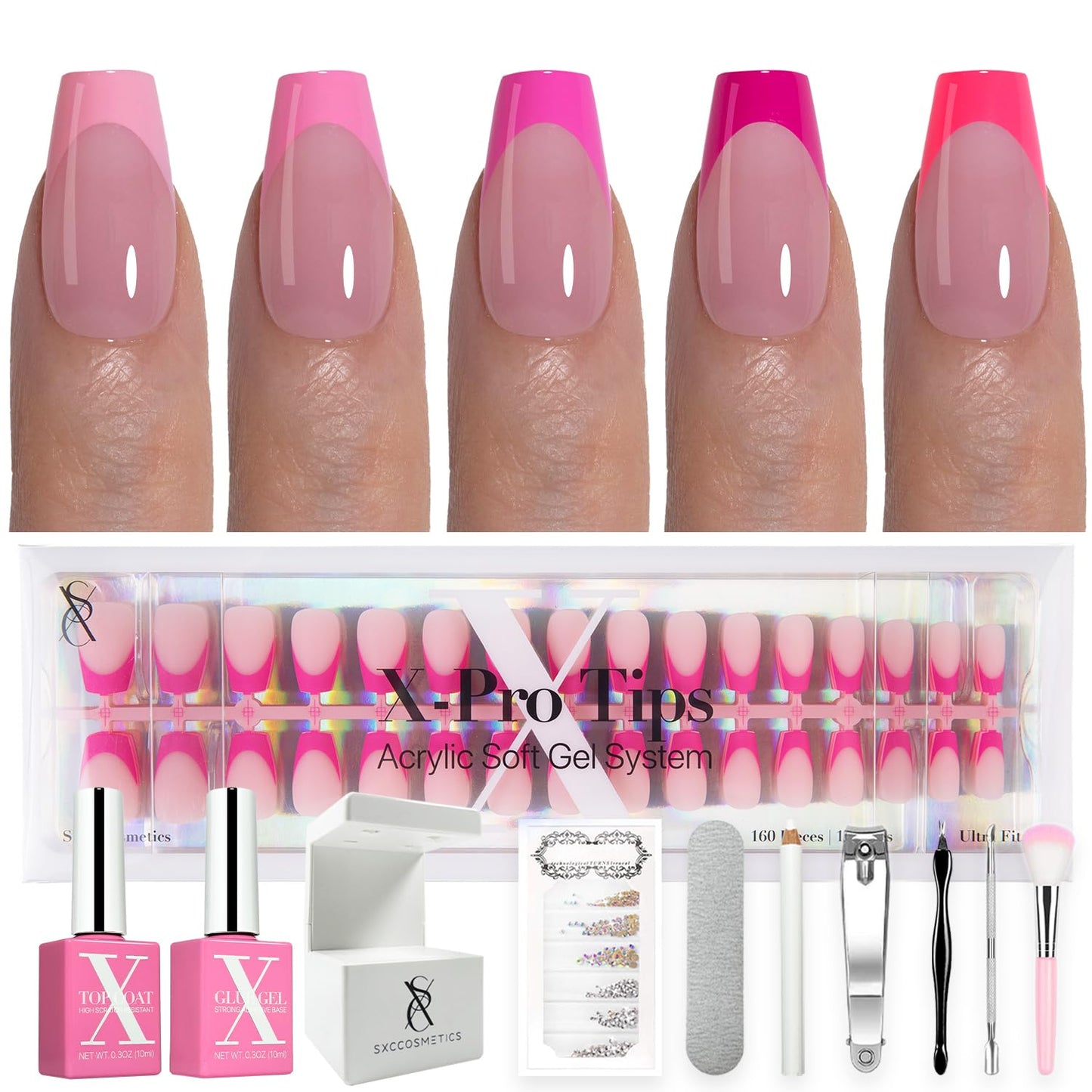 SXC Cosmetics French Tip Press On Nails - Skin Tone Nude and Color Series, Short Coffin X-Pro Tips Starter Kit ST119KIT