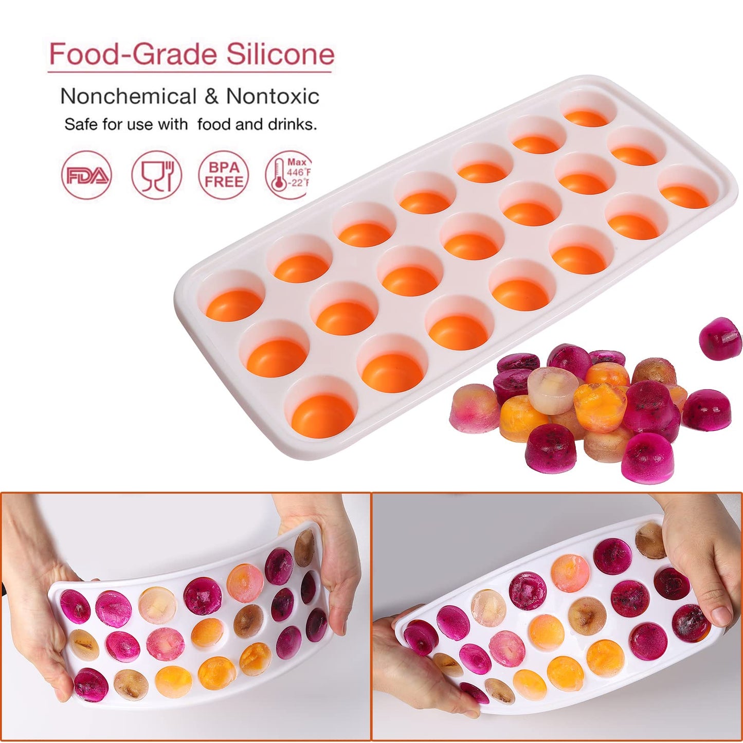 Select4U Ice Cube Trays with Lids BPA Free, 4Pack Easy Release Silicone Ice Cube Trays for Freezer 84 Sphere Ice Tray with Stackable No Spill Covers, Dishwasher Safe,Orange&Yellow