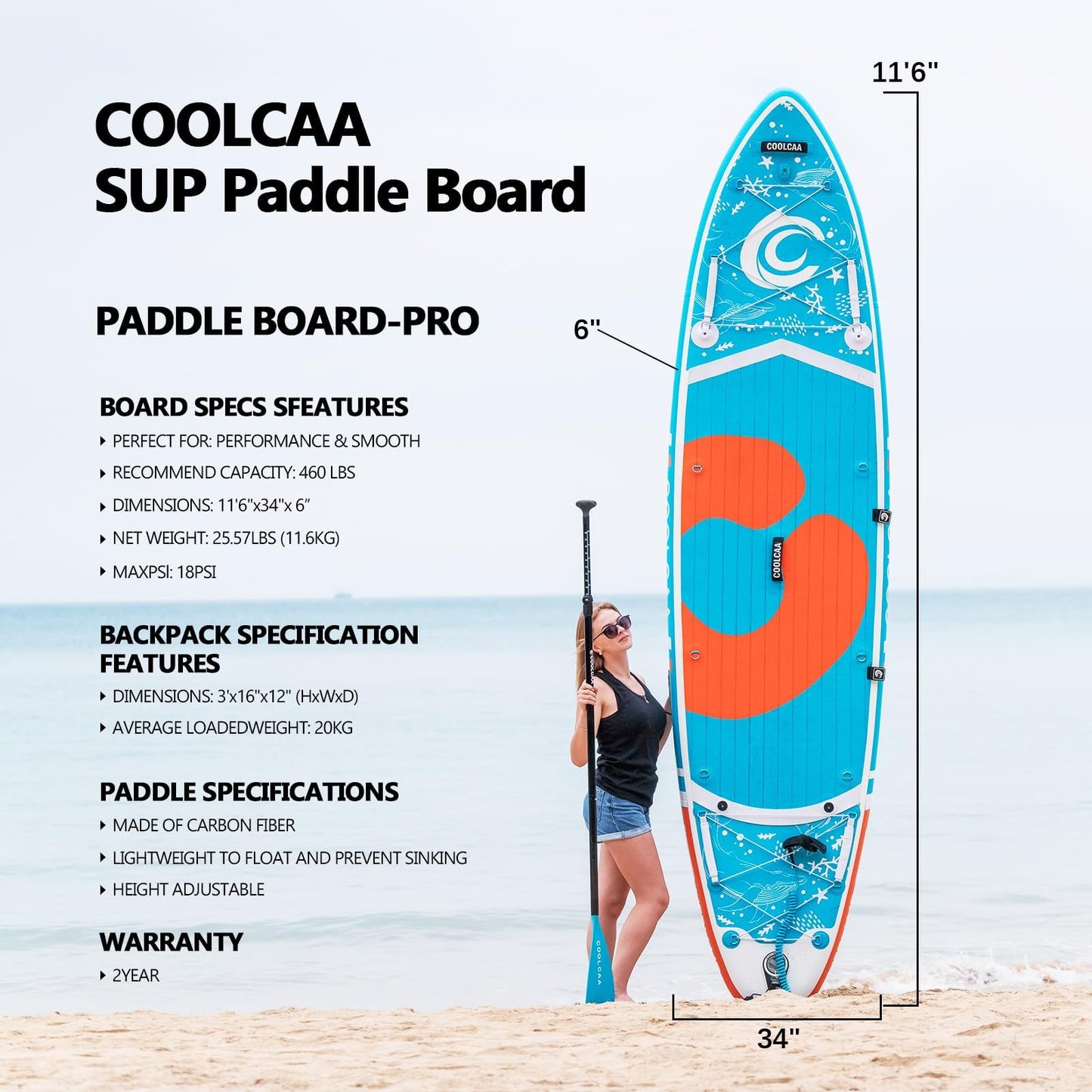 COOLCAA Mermaid 11'6" Inflatable Stand-Up Paddle Board, 460Lbs Capacity SUP Board with 34'' Extra Wide, Fishing Paddleboard with Accessories & Bag for Adults Youth (Seabed)