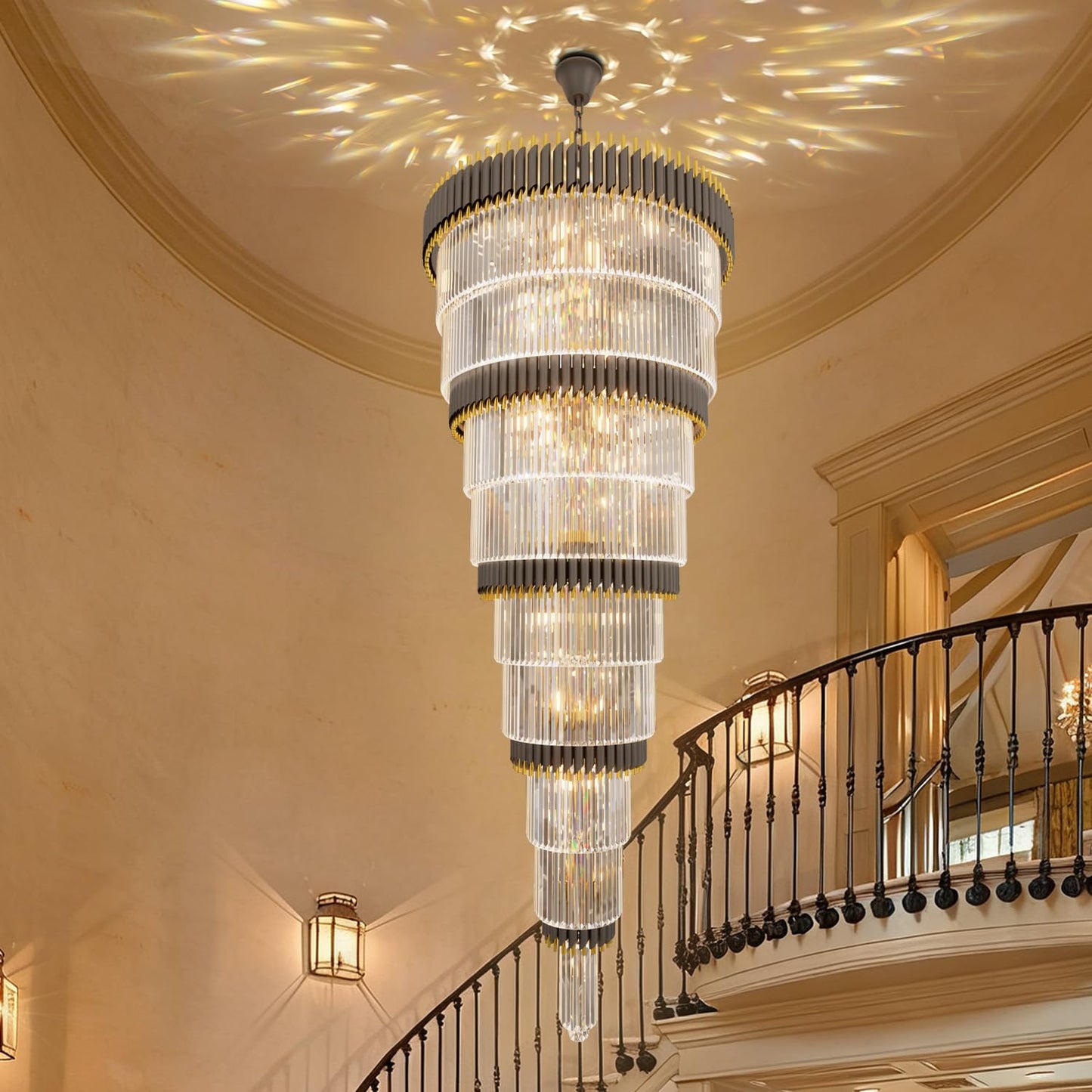 WOSOHYUN Extra Large Staircase Chandeliers 9-Tier Black and Gold Chandelier Luxury Long Crystal Chandelier Lighting for High Ceiling Foyer Entryway Grand Hotel Lobby 31-Light H84 x W40