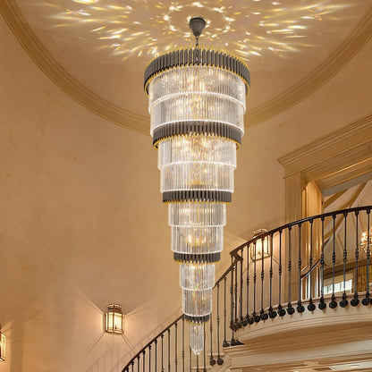 WOSOHYUN Extra Large Staircase Chandeliers 9-Tier Black and Gold Chandelier Luxury Long Crystal Chandelier Lighting for High Ceiling Foyer Entryway Grand Hotel Lobby 31-Light H84 x W40