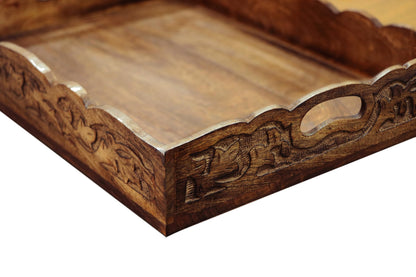 Hand Carved Wooden Serving Tray - Decorative Breakfast Tray with Handles - Rustic Wooden Food Tray with Intricate Detail - Unique Furnishing Accent - Natural Finish - 17 x 13 x 2.5 Inch - COTTON CRAFT