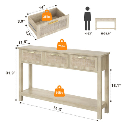 ELYKEN Rattan 51.2" Console Table with 3 Drawer, Entryway Table with Drawer & Shelf, Boho Sofa Table Behind Couch Foyer for Living Room, Hallway, Natural Wood